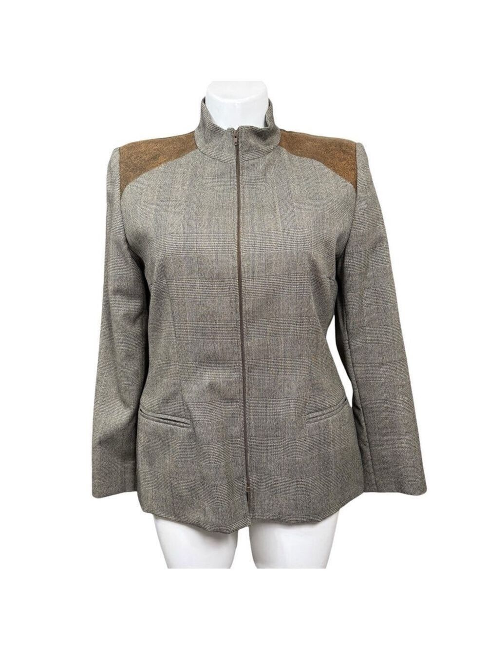Harvé Benard Sport Wool Zip Front Jacket Blazer Brown Plaid‎ Size 14